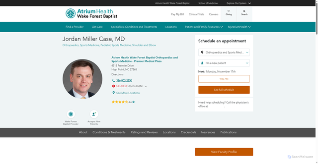 Security scan screenshot of https://www.wakehealth.edu/providers/c/jordan-miller-case