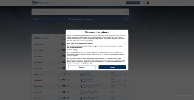 Security scan screenshot of https://www.myforecast.com/15-day-forecast.php?cwid=KORD