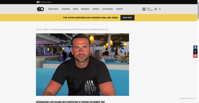 Security scan screenshot of https://gymfluencers.com/introducing-love-island-2024-contestant-footballer-ronnie-vint/