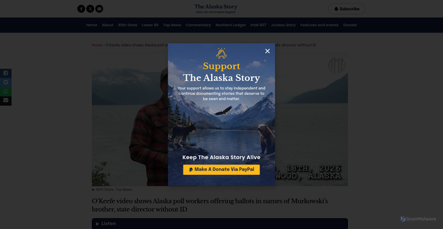 Security scan screenshot of https://thealaskastory.com/okeefe-video-shows-alaska-poll-workers-offering-ballots-in-names-of-murkowskis-brother-state-director-without-id/