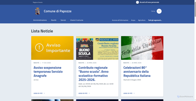 Security scan screenshot of https://www.comune.papozze.ro.it