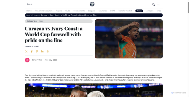 Security scan screenshot of https://the-soccer-legends.com/news/curacao-vs-ivory-coast-a-world-cup-farewell-with-pride-on-the-line/