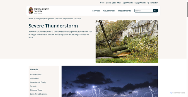 Security scan screenshot of https://www.aacounty.org/emergency-management/disaster-preparedness/hazards/severe-thunderstorm