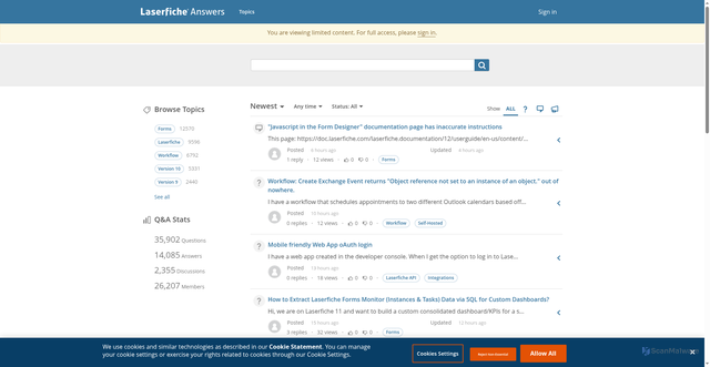 Security scan screenshot of https://answers.laserfiche.com