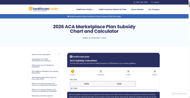 Security scan screenshot of https://healthcareinsider.com/aca-subsidy-calculator