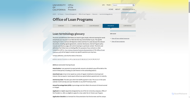 Security scan screenshot of https://www.ucop.edu/loan-programs/resources/loan-terminology-glossary.html