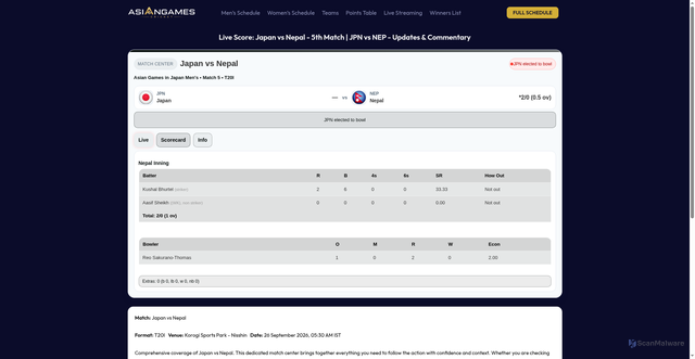 Security scan screenshot of https://asiangames.cricket/score-details/jpn-vs-nep-5th-match/98986