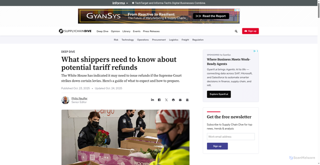 Security scan screenshot of https://www.supplychaindive.com/news/trump-tariff-refunds-shippers-supreme-court/803415/