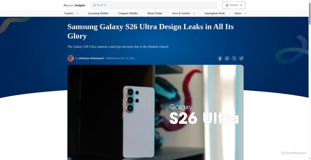 Security scan screenshot of https://gadgets.beebom.com/news/samsung-galaxy-s26-ultra-design-leaks-in-all-its-glory