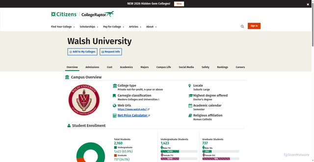 Security scan screenshot of https://www.collegeraptor.com/colleges/Walsh-University-OH--206437