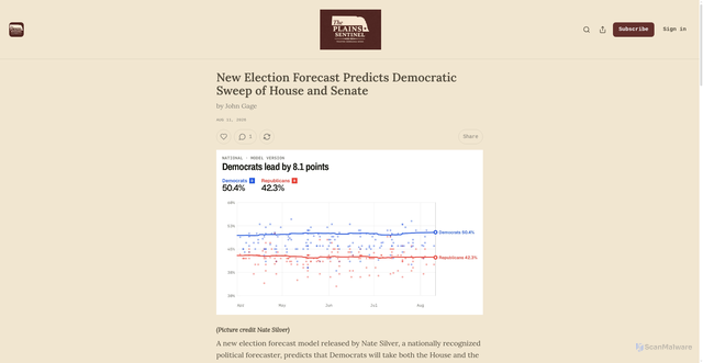 Security scan screenshot of https://plains-sentinel.com/p/new-election-forecast-predicts-democratic