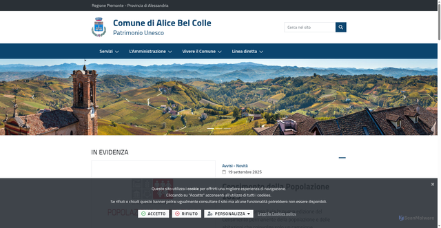 Security scan screenshot of https://www.comune.alicebelcolle.al.it/it-it/home