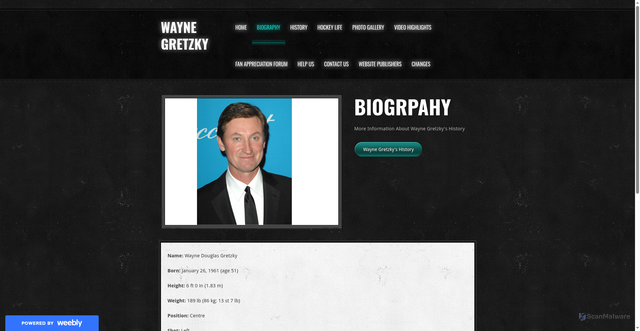 Security scan screenshot of https://legendofwaynegretzky.weebly.com/biography.html