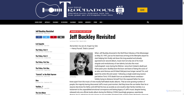 Security scan screenshot of https://sandiegotroubadour.com/a-comprehensive-look-at-jeff-buckley/