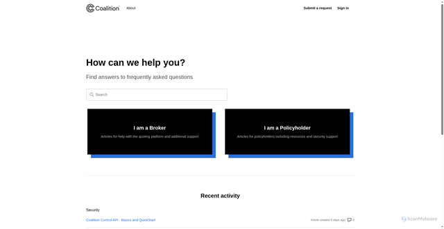 Security scan screenshot of https://help.coalitioninc.com/