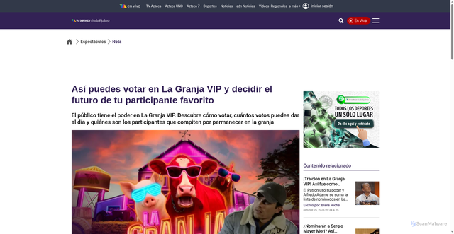 Security scan screenshot of https://www.aztecaciudadjuarez.com/espectaculos/como-votar-en-la-granja-vip-guia-paso-a-paso-para-salvar-a-tu-nominado
