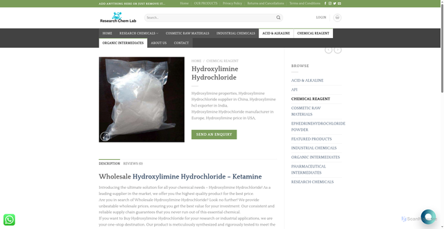 Security scan screenshot of https://clinicalresearchchemicals.com/product/hydroxylimine-hydrochloride/