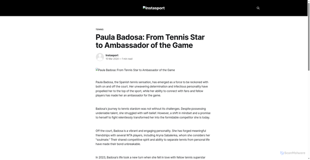 Security scan screenshot of https://instasport.club/blogs/paula-badosa-from-tennis-star-to-ambassador-of-the-game/?srsltid=AYCX9vI1sl7jA3kWFEDodyoJYaFEeBTM_OIC2gUZ0YWNQEj8ozl03tJX