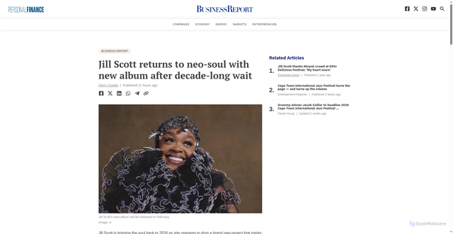 Security scan screenshot of https://businessreport.co.za/entertainment/music/2026-01-03-jill-scott-returns-to-neo-soul-with-new-album-after-decade-long-wait/