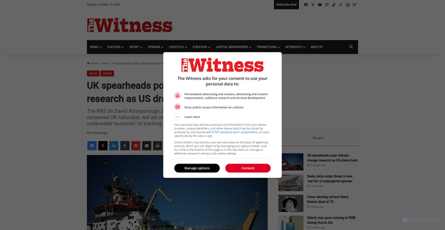 Security scan screenshot of https://witness.co.za/news/2025/10/12/uk-spearheads-polar-climate-change-research-as-us-draws-back/
