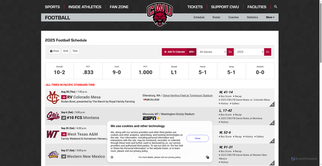 Security scan screenshot of https://wildcatsports.com/sports/football/schedule/2025
