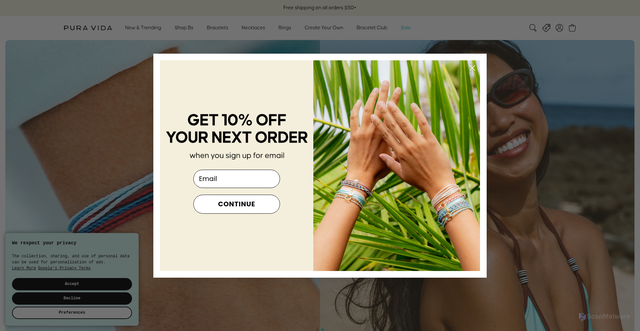 Security scan screenshot of https://www.puravidabracelets.com/?srsltid=AfmBOoorY6GqSIeVkrPwpMl6rSwIzi3vThIklafCUFN1rTz-Gqk_UT2K