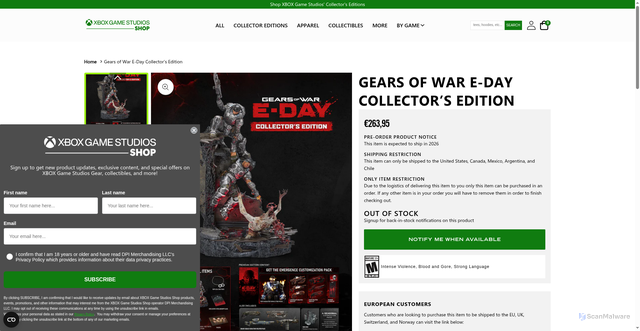 Security scan screenshot of https://shop.xboxgamestudios.com/products/gears-of-war-e-day-collectors-edition?srsltid=AfmBOopJQNSNg0t-u5m-DocRuhEmaFsNyuCWqRAgXN968wkz89pYm1pX