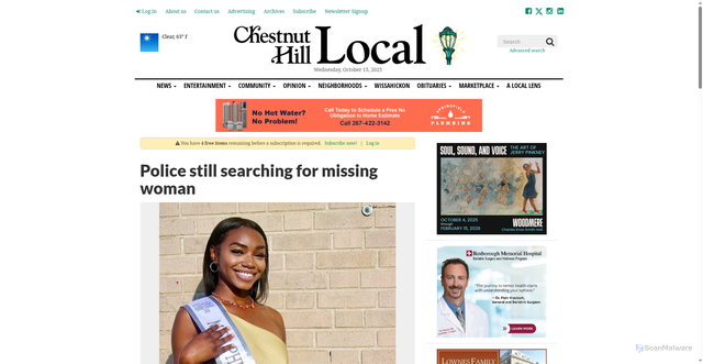 Security scan screenshot of https://www.chestnuthilllocal.com/stories/police-still-searching-for-missing-woman,38210