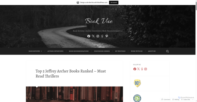 Security scan screenshot of https://bookvue.wordpress.com/2022/05/10/top-5-jeffrey-archer-books/