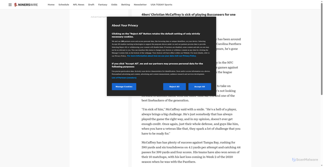 Security scan screenshot of https://ninerswire.usatoday.com/story/sports/nfl/niners/2025/10/09/49ers-christian-mccaffrey-buccaneers-lavonte-david/86599840007/