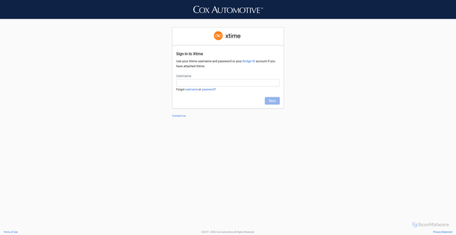 Security scan screenshot of https://login.xtime.app.coxautoinc.com