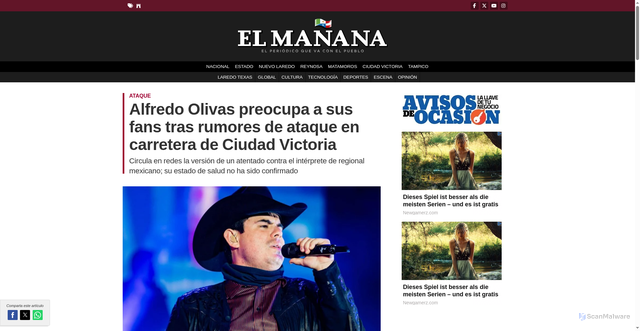 Security scan screenshot of https://elmanana.com.mx/escena/2025/11/12/alfredo-olivas-preocupa-sus-fans-tras-rumores-de-ataque-en-carretera-de-ciudad-victoria-163266.html