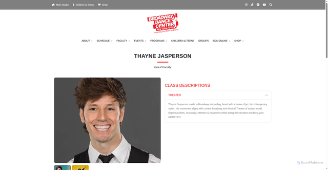 Security scan screenshot of https://broadwaydancecenter.com/faculty/thayne-jasperson