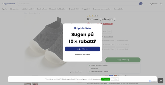 Security scan screenshot of https://kroppsbutiken.se/products/barnskor-halkskydd?_pos=1&_psq=Barnskor+%28halkskydd%29&_psid=d8946b764&_ss=e#looxReviewsFrame