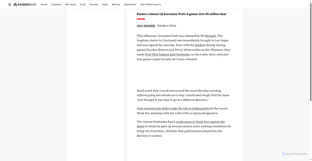 Security scan screenshot of https://raiderswire.usatoday.com/story/sports/nfl/raiders/2025/10/06/raiders-release-lb-germaine-pratt-4-games-5-million-deal/86552267007/