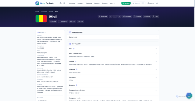 Security scan screenshot of https://www.worldfactbook.co/country.php?slug=mali