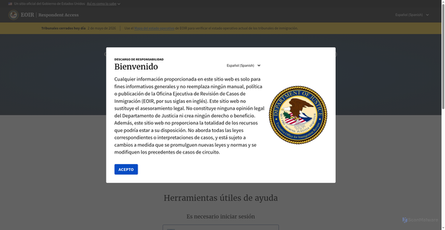 Security scan screenshot of https://respondentaccess.eoir.justice.gov/es/