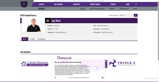 Security scan screenshot of https://ucasports.com/sports/football/roster/ian-dietz/10276