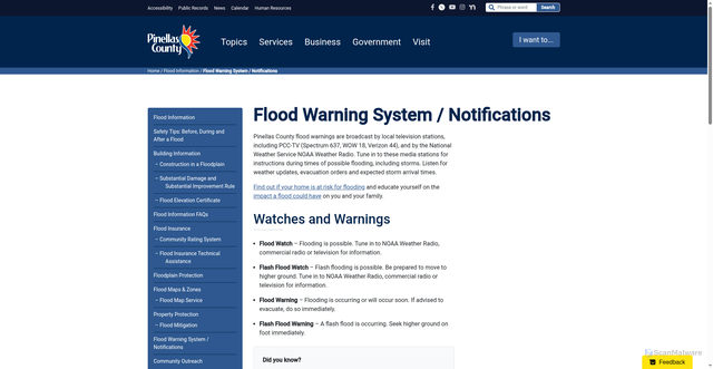 Security scan screenshot of https://pinellas.gov/flood-information/flood-warning-system-notifications/