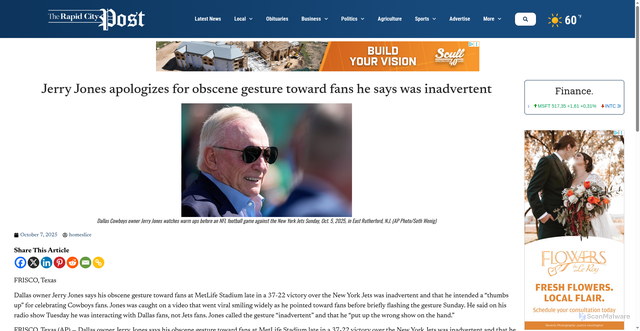 Security scan screenshot of https://rapidcitypost.com/jerry-jones-apologizes-for-obscene-gesture-toward-fans-he-says-was-inadvertent/