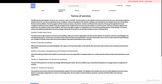 Security scan screenshot of https://snickfit.store/terms-and-conditions