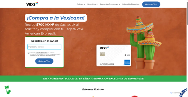 Security scan screenshot of https://www.vexi.mx/promociones/a-la-vexicana?codRef=321586&utm_source=email&utm_medium=mailing&utm_campaign=Solc&utm_marketing_tactic=&utm_content=M-Sept