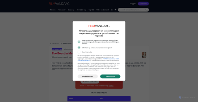 Security scan screenshot of https://www.filmvandaag.nl/serie/13561-the-beast-in-me/cast