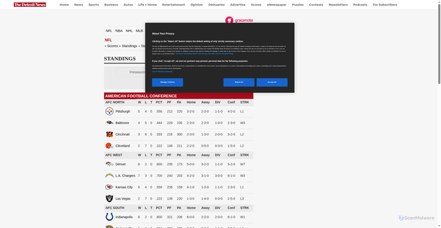 Security scan screenshot of https://detroitnews.sports.gracenote.com/football/nfl/standings