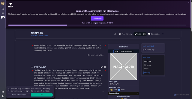 Security scan screenshot of https://noobsincombatcoldfront.miraheze.org/ManPads
