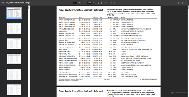 Security scan screenshot of https://www2.traviscountytx.gov/courts/files/uploads/crimsettingsbydefendant.pdf