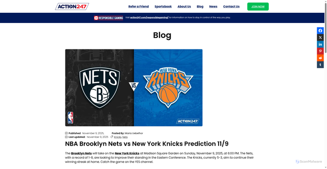 Security scan screenshot of https://www.action247.com/nba-brooklyn-nets-vs-new-york-knicks-prediction-11-9/