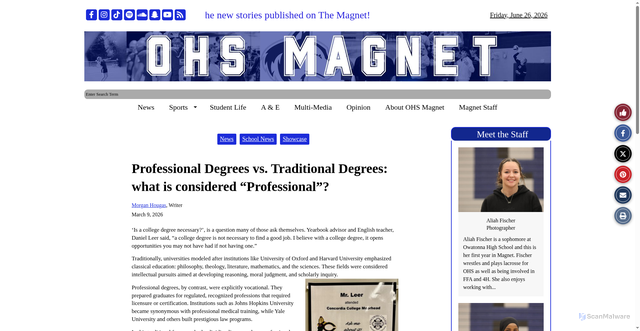 Security scan screenshot of https://ohsmagnet.com/42949/news/professional-degrees-vs-traditional-degrees-what-is-considered-professional/