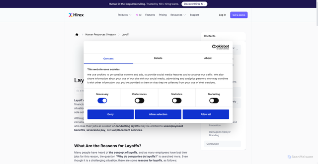 Security scan screenshot of https://gethirex.com/glossary/what-is-layoff