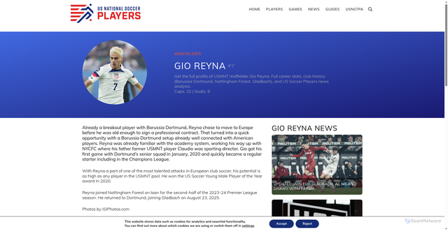 Security scan screenshot of https://ussoccerplayers.com/player/gio-reyna-usmnt